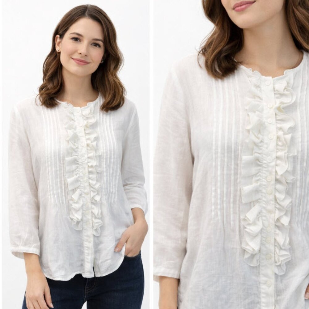 Anne Carson White Linen Ruffle Button Down Blouse Large Quiet Luxury Coastal